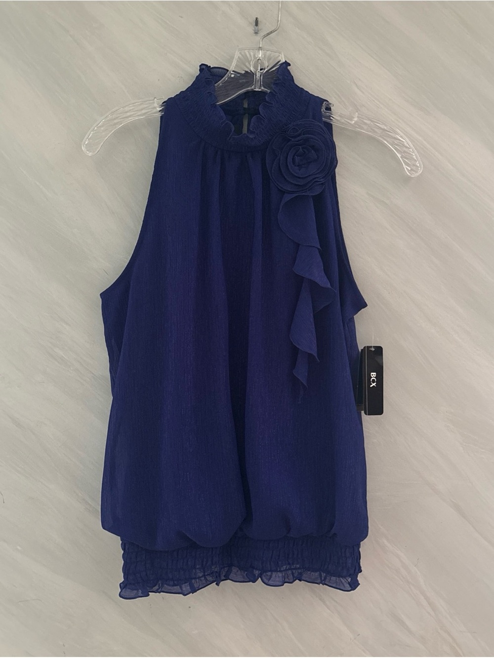 BCX Junior’s L  Blue Y2K Chiffon Rosette, Smocked Blouson Hem Halter Top